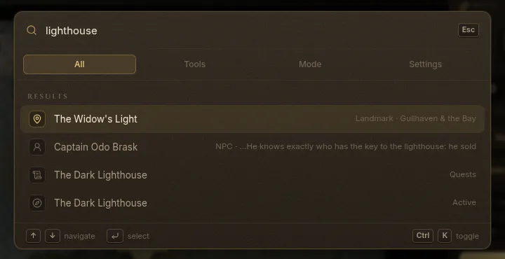 The command palette with results for “lighthouse”: a place, an NPC and a quest