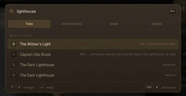 La paleta de comandos con resultados para «lighthouse»: un lugar, un PNJ y una misión