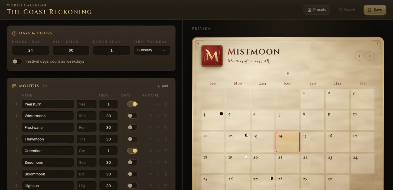 The calendar editor: days and hours, the list of months with their days and festivals, and a preview of the month