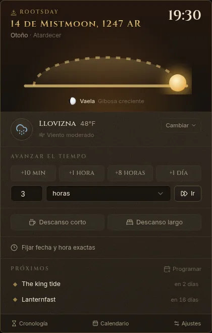El reloj de campaña: fecha y hora, arco del sol, fase de la luna, clima, botones para avanzar el tiempo, descansos y próximos sucesos