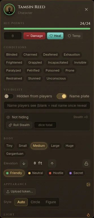 The token HUD with hit points, conditions, visibility and size