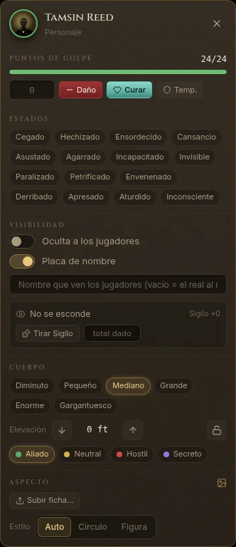 El panel de la ficha con puntos de golpe, estados, visibilidad y tamaño