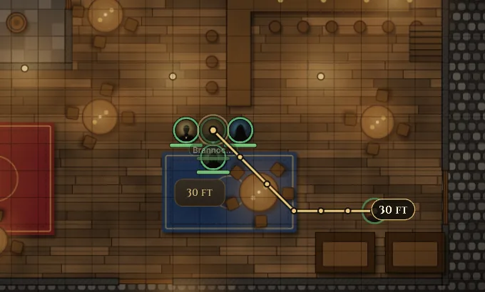 A token being dragged across the tavern with its path and 30 ft distance