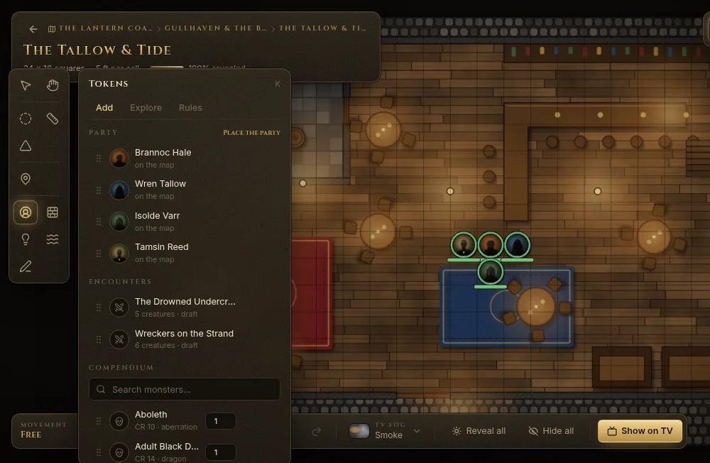 The Tokens panel with the party, the open encounters and the compendium search