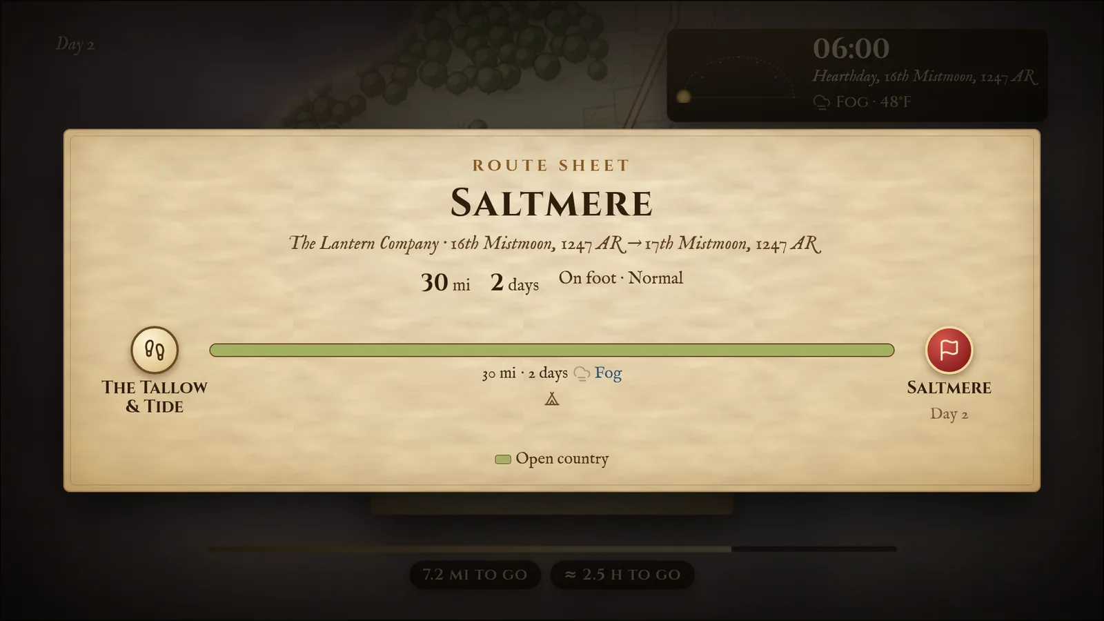 The route sheet on the TV: Saltmere, the distance, days, the terrain along the way and the weather