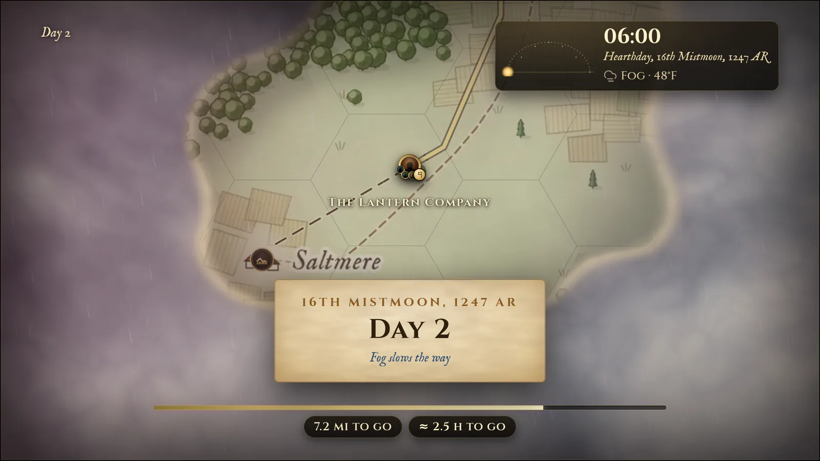 The journey on the TV: the party on the road to Saltmere, a Day 2 card, the time and the fog, and the distance left