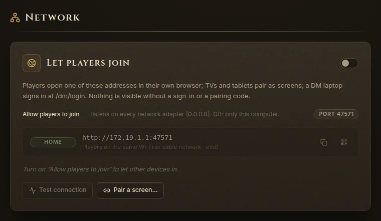 Settings, Network, with Allow players to join, the home address and Test connection