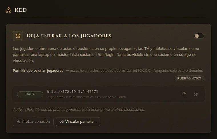 Ajustes, Red, con Permitir que se unan jugadores, la dirección de casa y Probar conexión