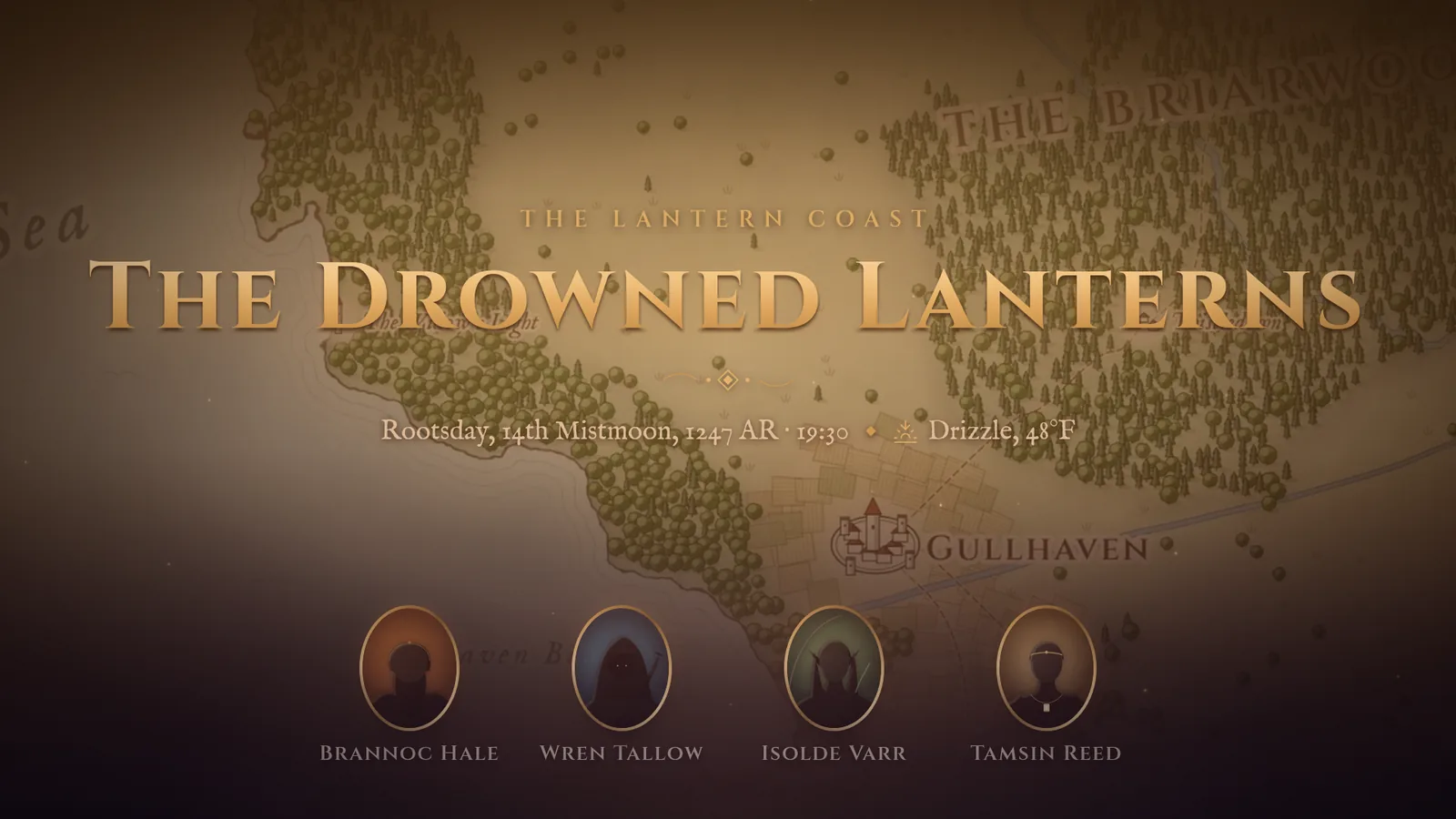 The TV’s idle screen with the campaign title, date, weather and the four heroes