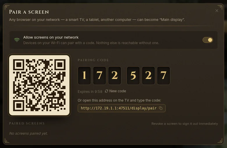 The Pair a screen dialog with the QR code, the six-digit pairing code and the address