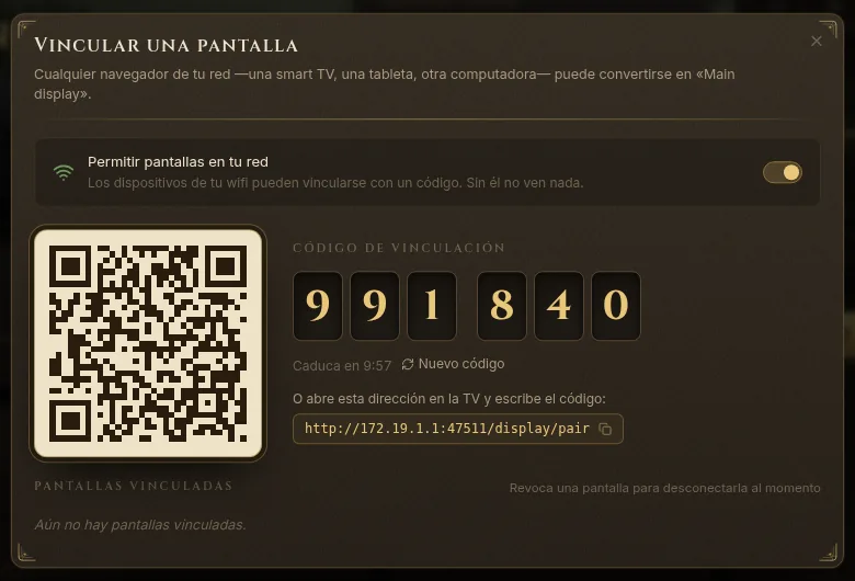 El diálogo Vincular una pantalla con el código QR, el código de seis cifras y la dirección