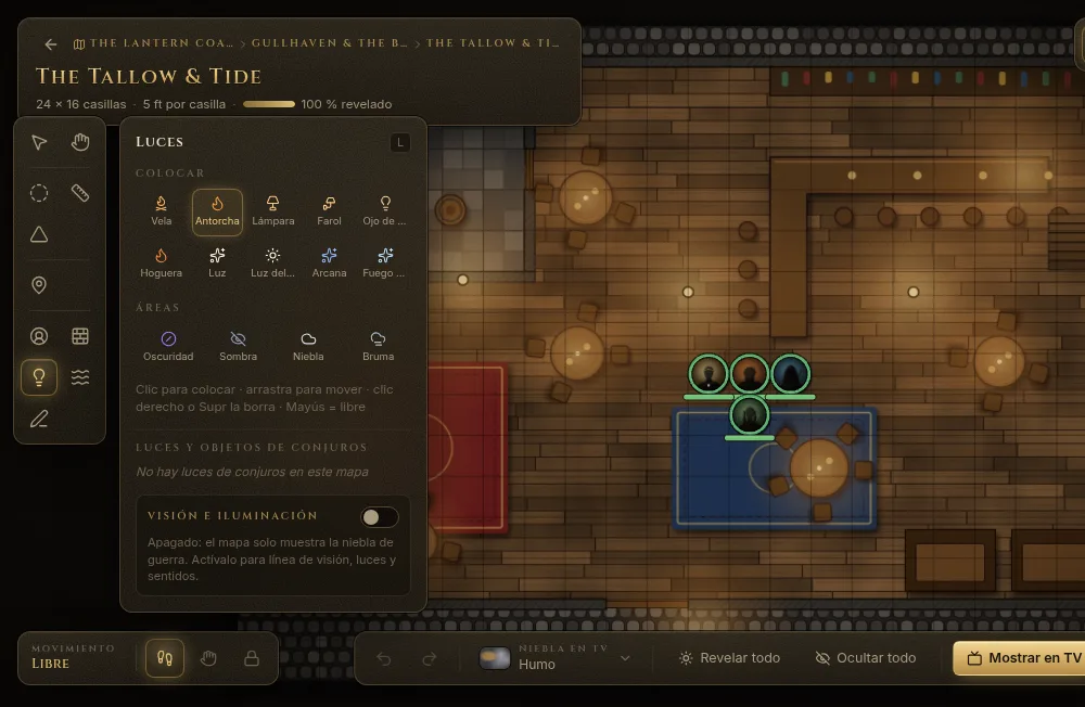 El panel Luces con los tipos de luz y las áreas de oscuridad, sombra, niebla y bruma
