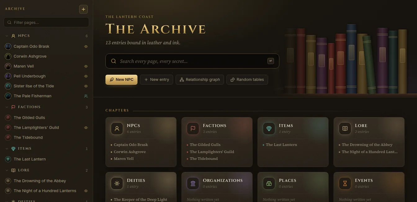 The Archive: the list of pages on the left, the search box, and chapters for NPCs, factions, items and lore
