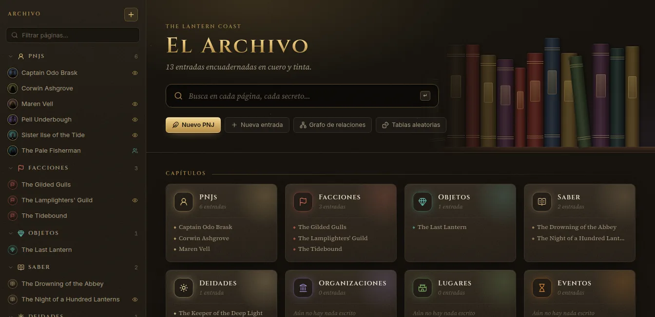 El Archivo: la lista de páginas a la izquierda, el buscador y los capítulos de PNJ, facciones, objetos y saber