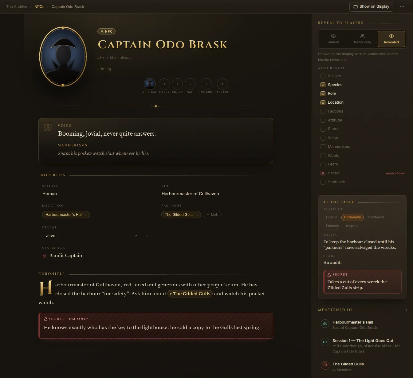 A Chronicle with a link to The Gilded Gulls and a Secret · DM only block