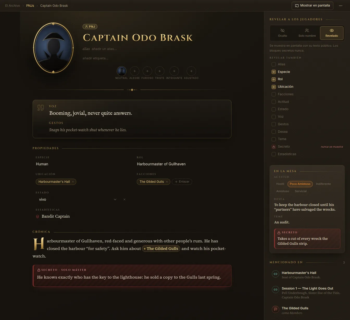 Una Crónica con un enlace a The Gilded Gulls y un bloque Secreto · solo DM