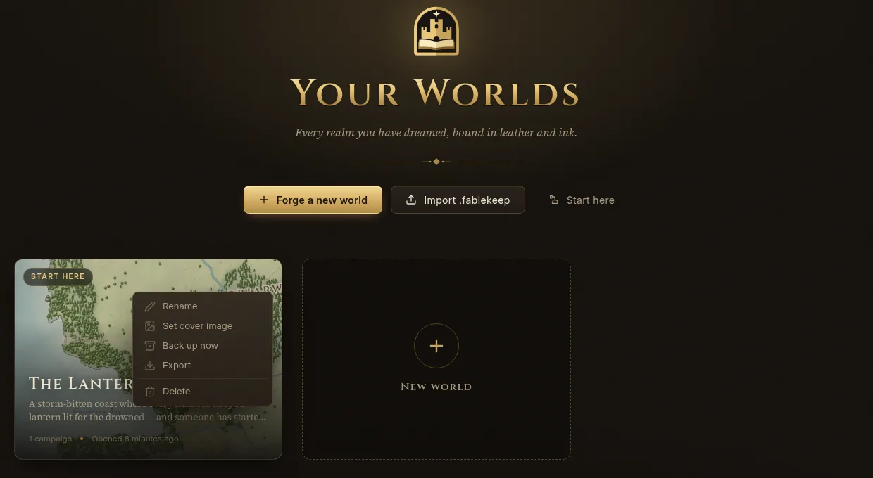 The Your Worlds page with the More menu open on the demo world