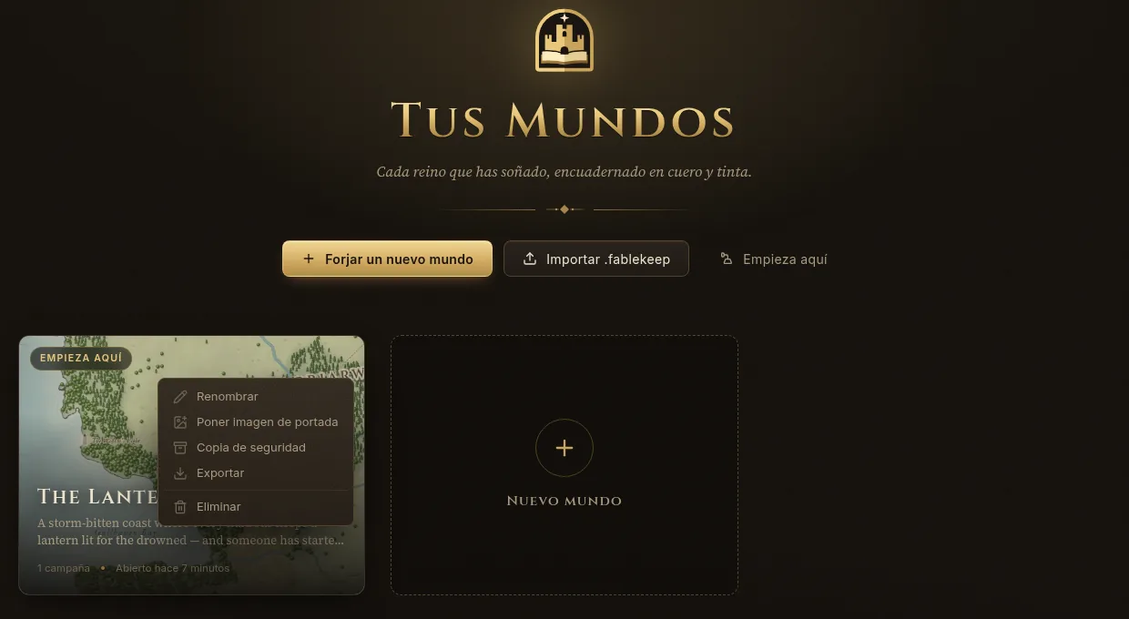 La página Tus Mundos con el menú Más abierto sobre el mundo de demostración