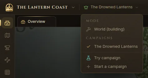 The campaign menu open, with World (building), the campaigns and Start a campaign