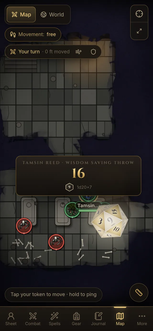 A 3D twenty-sided die rolling over the battle map on a phone, with the result card “Tamsin Reed · Wisdom saving throw · 16”.