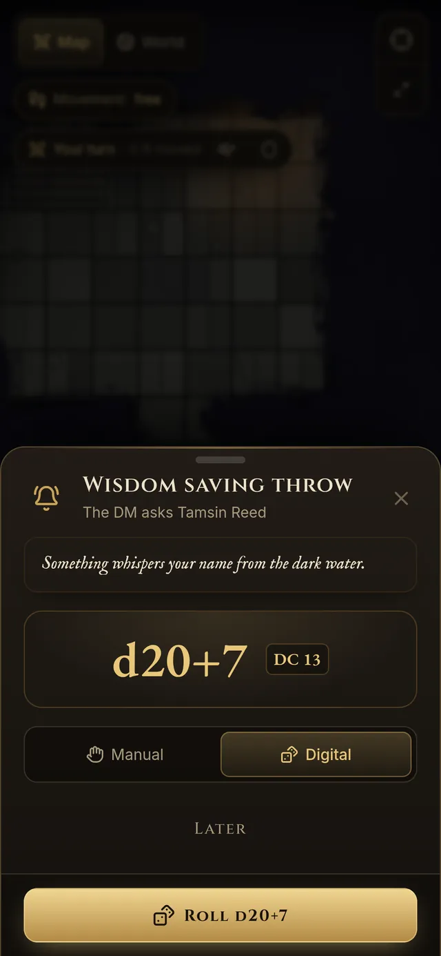 A roll request on a remote player’s phone: Wisdom saving throw, d20+7, DC 13, with Digital dice selected and a Roll d20+7 button.