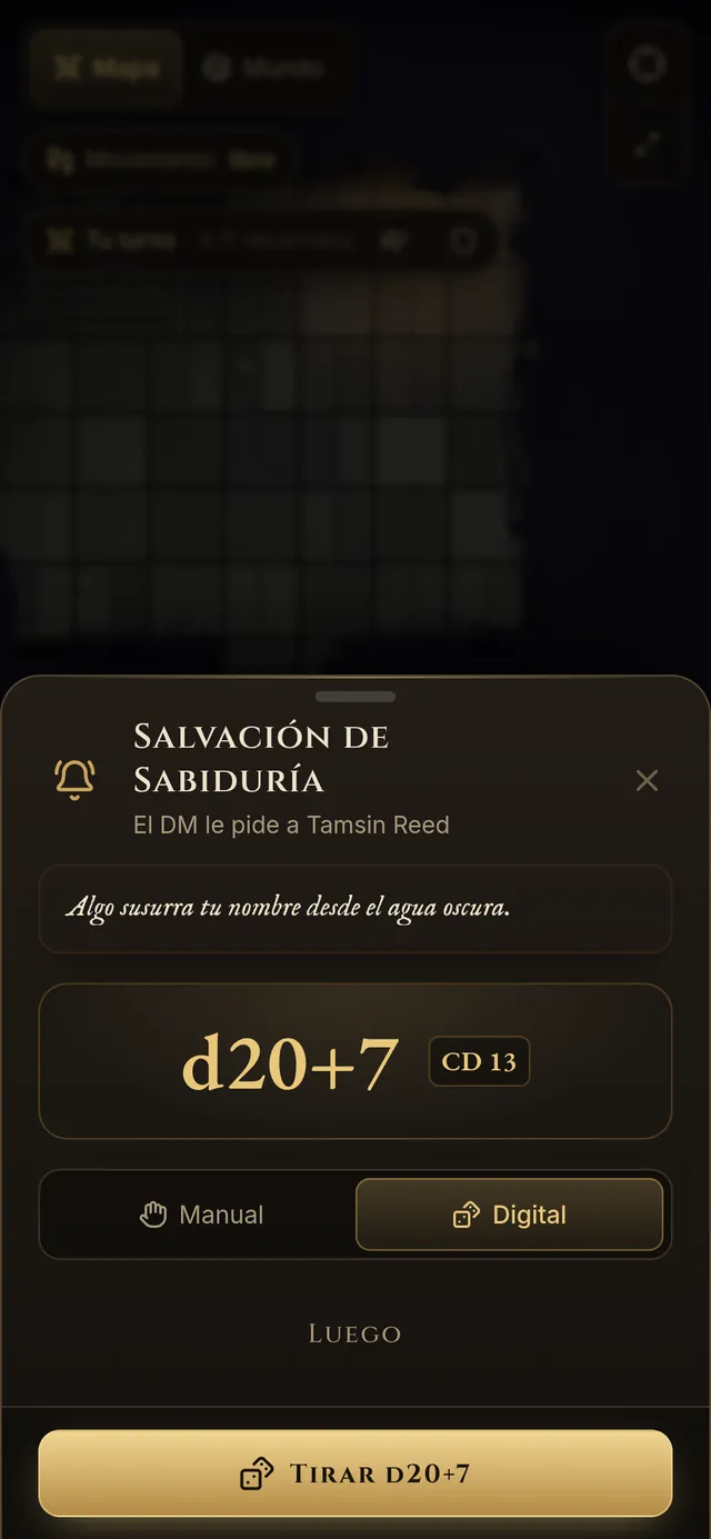 Una petición de tirada en el móvil de un jugador remoto: salvación de Sabiduría, d20+7, CD 13, con dados digitales y el botón Tirar d20+7.