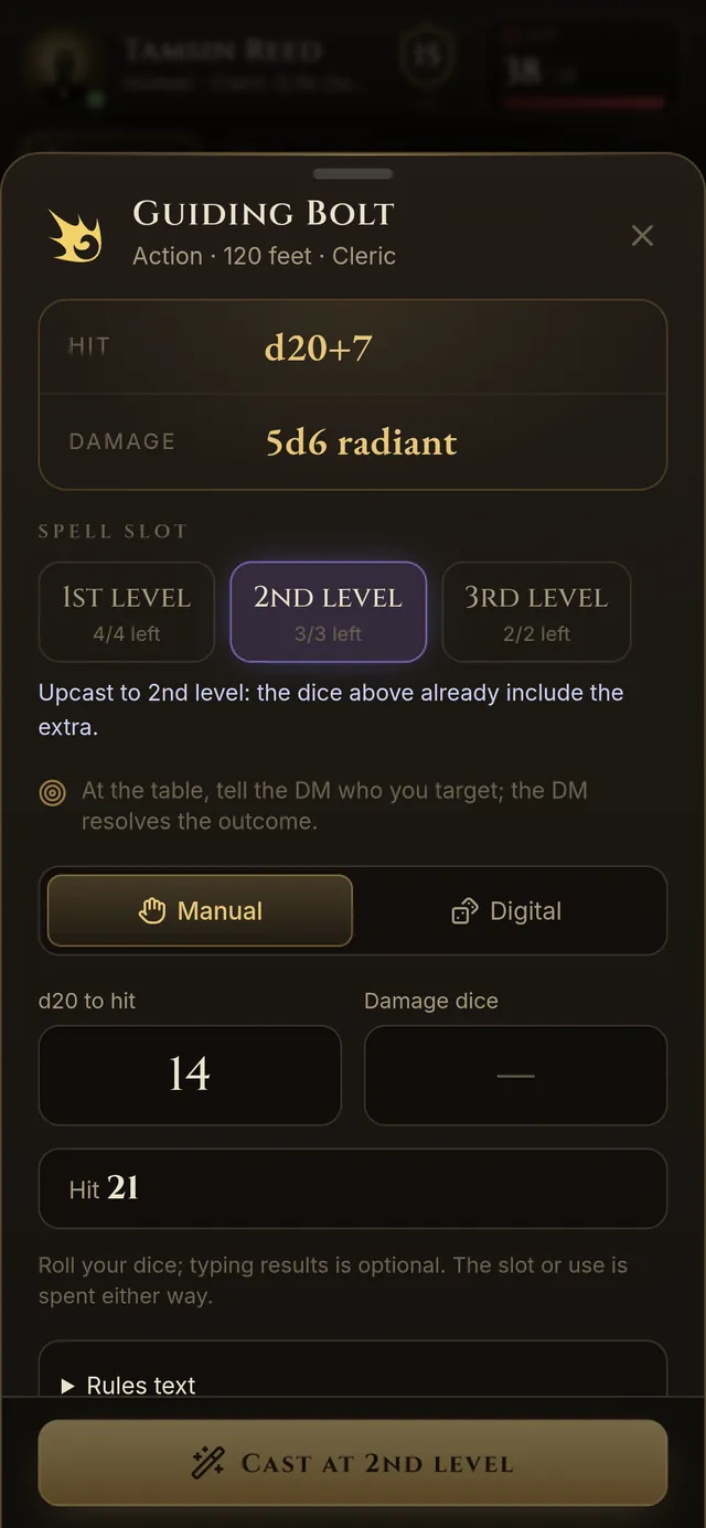 The cast sheet for Guiding Bolt on a phone: hit d20+7, damage 5d6 radiant at a 2nd-level slot, Manual dice selected and a typed 14 giving a hit of 21.