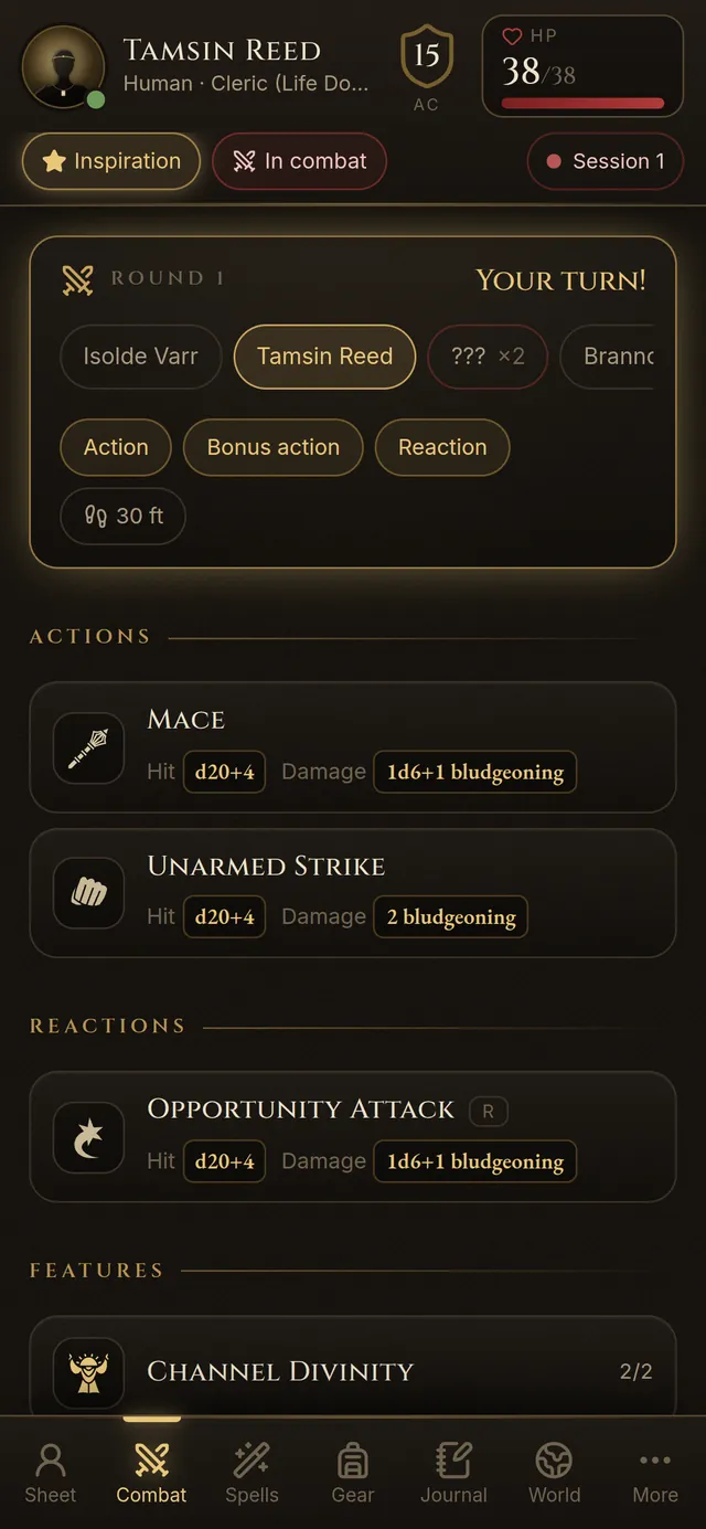 The Combat tab on a phone: round 1, “Your turn!”, the initiative order, action, bonus action and reaction, and the Mace and Unarmed Strike with their hit and damage dice.