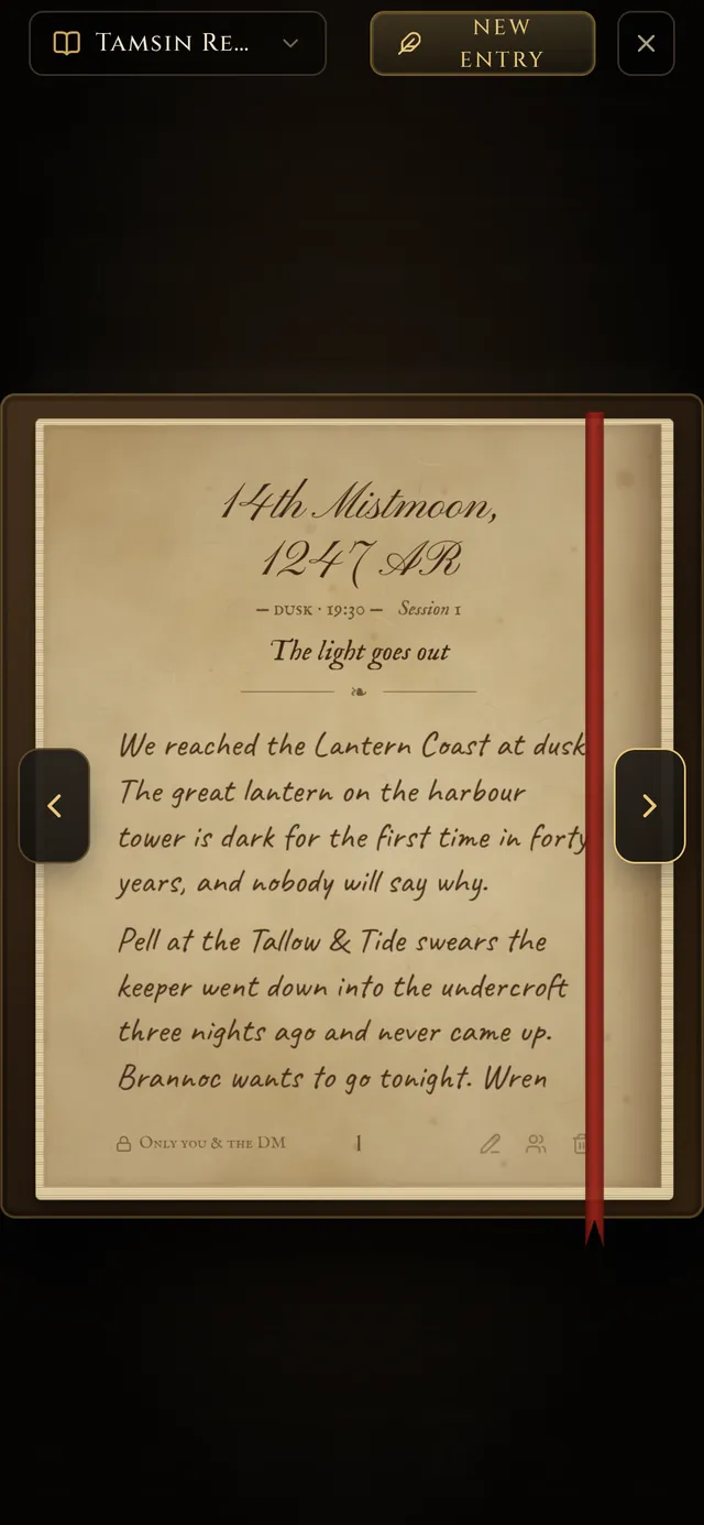 A diary page on a phone: handwritten script on parchment, dated 14th Mistmoon, 1247 AR, at dusk, titled “The light goes out”.
