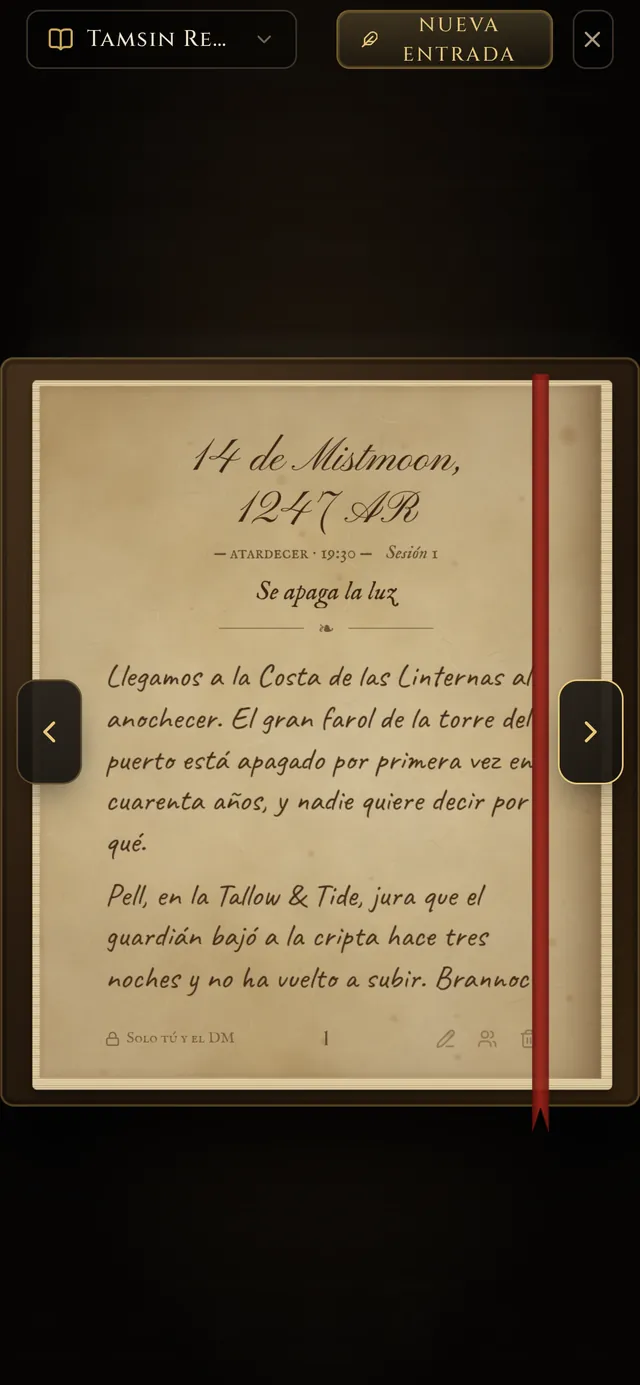 Una página del diario en un móvil: letra manuscrita sobre pergamino, fechada el 14 de Mistmoon de 1247 AR, al atardecer, con el título «Se apaga la luz».