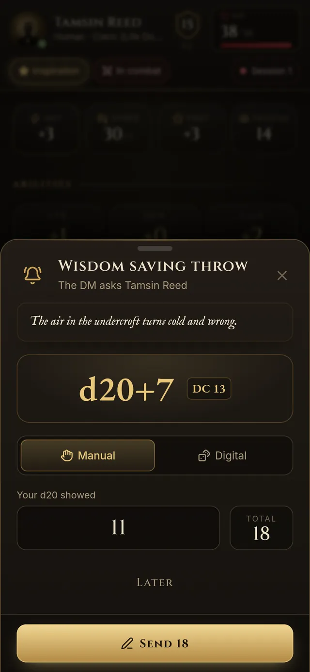 A Fablekeep phone screen: the DM asks Tamsin Reed for a Wisdom saving throw, d20+7 against DC 13; the player typed 11 and the total reads 18.