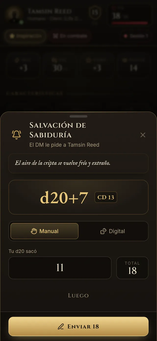 Una pantalla de Fablekeep en un móvil: el máster pide a Tamsin Reed una salvación de Sabiduría, d20+7 contra CD 13; el jugador escribió 11 y el total es 18.